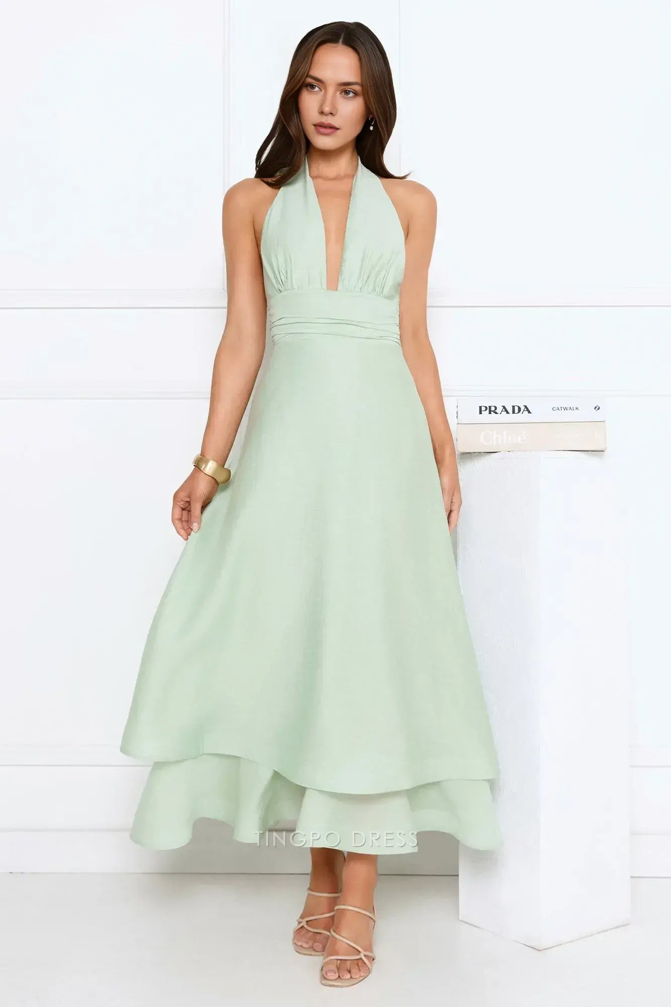 Elegant Halter Neck Deep V - Neck Layered Maxi Dress Prom Dress